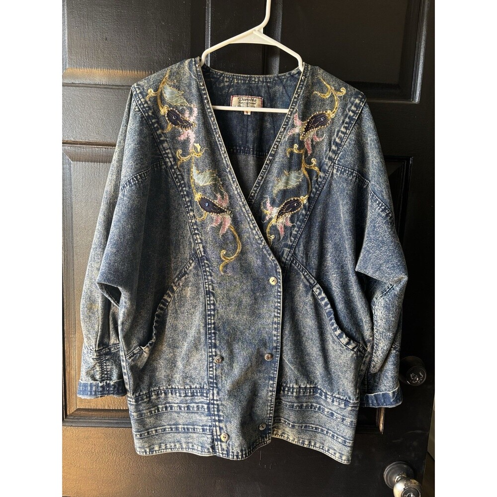 Vtg 80s Handpainted Peacock Feather Beaded Long Acid Wash Denim Jacket Blazer